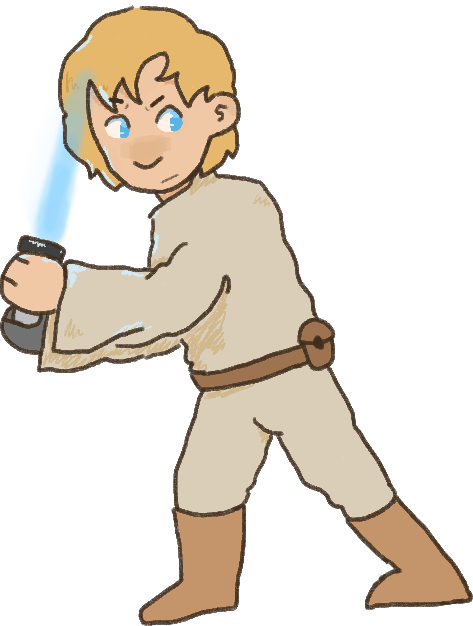 Luke Skywalker frowning while holding a blue lightsaber. He's a man with light skin, blue eyes, short blonde hair and a prosthetic hand.